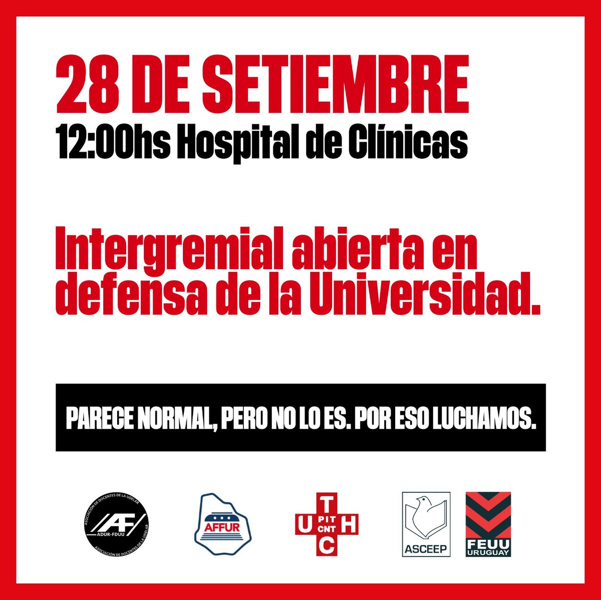 adur_udelar's tweet photo. 📣Agenda de MAÑANA en Hospital de Clínicas 👇
#parecenormal
#poresoluchamos 
#presupuestoparalaudelar
#nonosdalomismo 
@asceepfeuu 
@UthcPitcnt 
@affur_prensa https://t.co/NoOAxIeJZu