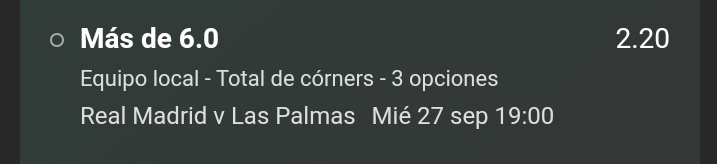 Proyect1x2tips's tweet photo. Cuota 2,2 del partido del Real Madrid - Las Palmas.
Interesante cuota para más de 6 corners del Real Madrid, viene de perder el derbi y on ganas de atacar y reivindicarse en casa.
Suerte 🍀
Juega responsable 🔞
#apuestas #apuestasdeportivas https://t.co/w5qQxdfbsd