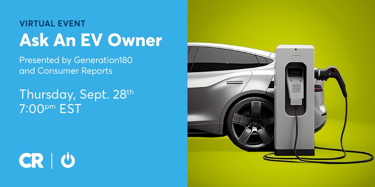 Thinking about making the switch to electric? Get all your questions answered by consumers across the country driving all types of EVs during a fun and informational discussion with CR and 
<a href="/Gen_180/">Generation180</a> on 9/28 at 7pm EST. Register here: generation180.org/event/national… 

#DriveElectricWeek