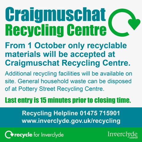 inverclyde's tweet photo. From 1 October there will be some changes to facilities at Craigmuschat Recycling Centre.  Winter hours will also be in operation from that date.  Find out more at https://t.co/ws7lX72vLq https://t.co/recL2VEmLi