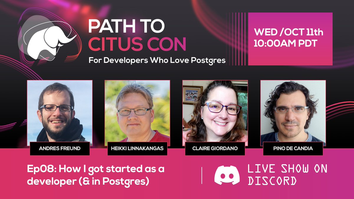 Happy to announce 📣 the details of the next #PathToCitusCon live show on Discord and podcast:

Ep08: How I got started as a developer (&amp; in Postgres) w/ <a href="/AndresFreundTec/">Andres Freund (Tech)</a> &amp; Heikki Linnakangas

When: Wed Oct 11th at 10am PDT

Mark your calendar! 📅 aka.ms/PathToCitusCon…
