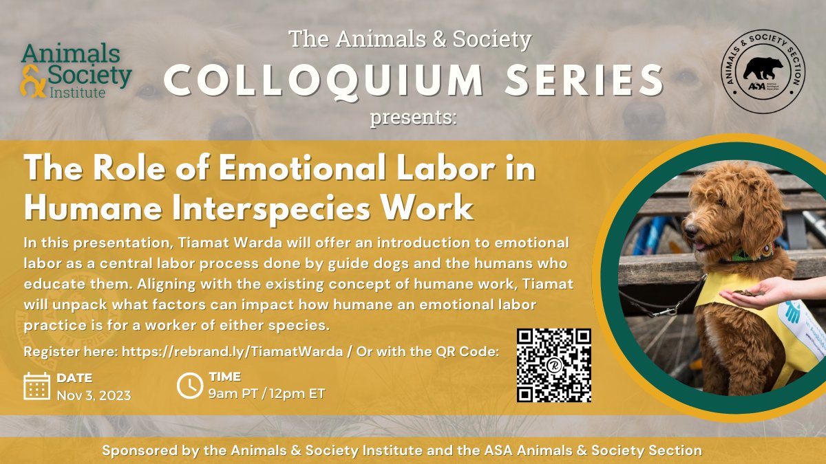 We are excited to announce that our next Colloquium Series speaker will be Dr. @TiamatWarda! This online event is free to attend and will take place on November 3, 2023 at 9am PT/12m ET. Registere here: rebrand.ly/TiamatWarda @Animals_Society @EASE_anthrozoo @UofESPA