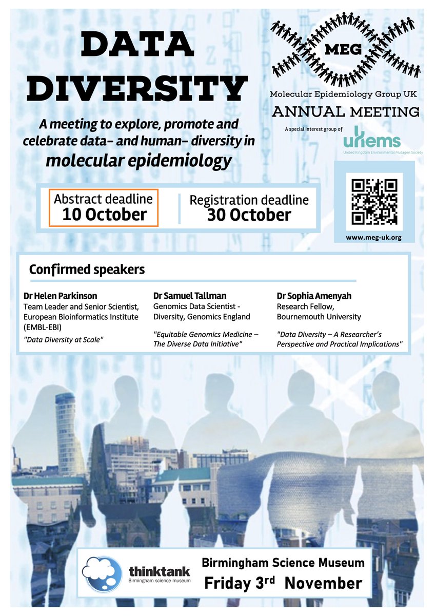Please RT! ~Extended abstract deadline: 10th October~ Registration and abstract submission are open for the MEG-UK annual meeting on 'Data Diversity'. Abstracts are welcome from all areas of molecular epi & several travel bursaries are available for ECRs. meg-uk.org/2023-conference