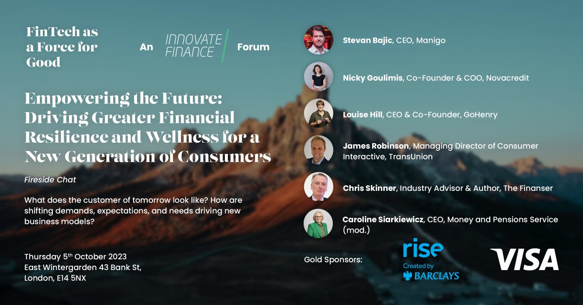 InnFin's tweet photo. Lets dive into the #FinTechForGood2023 sessions!
Empowering the Future: Driving Greater Financial Resilience Wellness for a New Generation of Consumers
Ft speakers from @ManigoApp @nova_credit @gohenry @TransUnion @Chris_Skinner &amp; @MoneyPensionsUK
Register https://t.co/JI3hIAZuKE https://t.co/LWYaetOYL9
