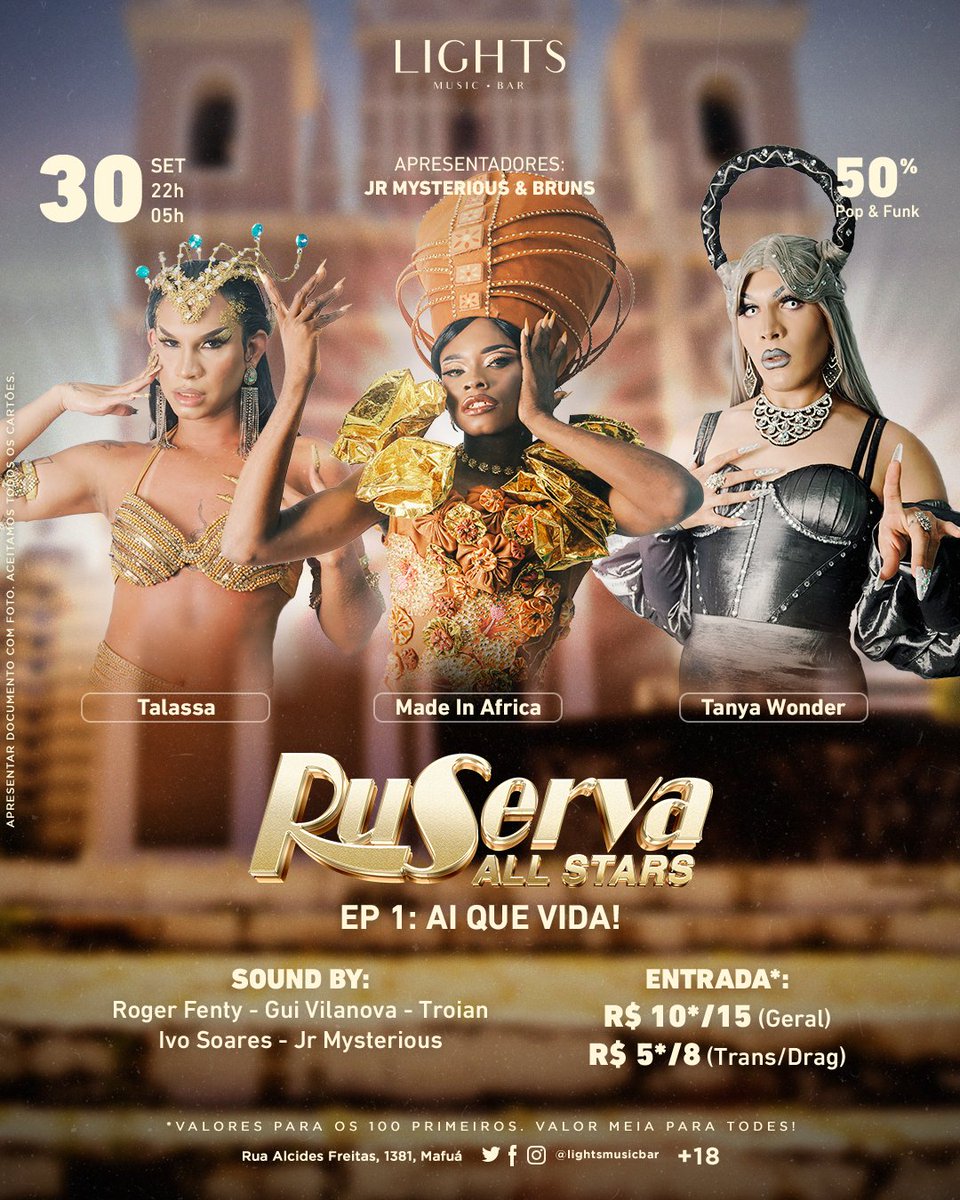 lightsmusicbar's tweet photo. Neste sábado, 30/09, é dia da ESTREIA do #RuServaAllStars com o episódio 1: AI QUE VIDA! (50%POP/50%FUNK), nossas cajuínas voltam para contar uma nova história e ainda teremos um line up babadeiro que vai agitar a pista. Você é #TeamTalassa? #TeamMade? ou #TeamTanya? 😍🎇 https://t.co/FkhpiU8CI8
