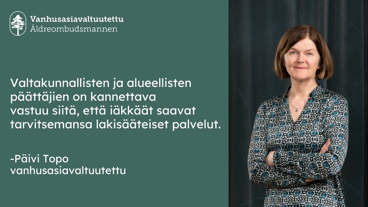 Kotihoidon ja ympärivuorokautisen hoivan jatkuva vähentäminen on lopetettava. Valtakunnallisten ja alueellisten päättäjien on kannettava vastuu siitä, että iäkkäät saavat tarvitsemansa lakisääteiset palvelut.

Lue tiedote: vanhusasia.fi/-/vanhusasiava… 1/