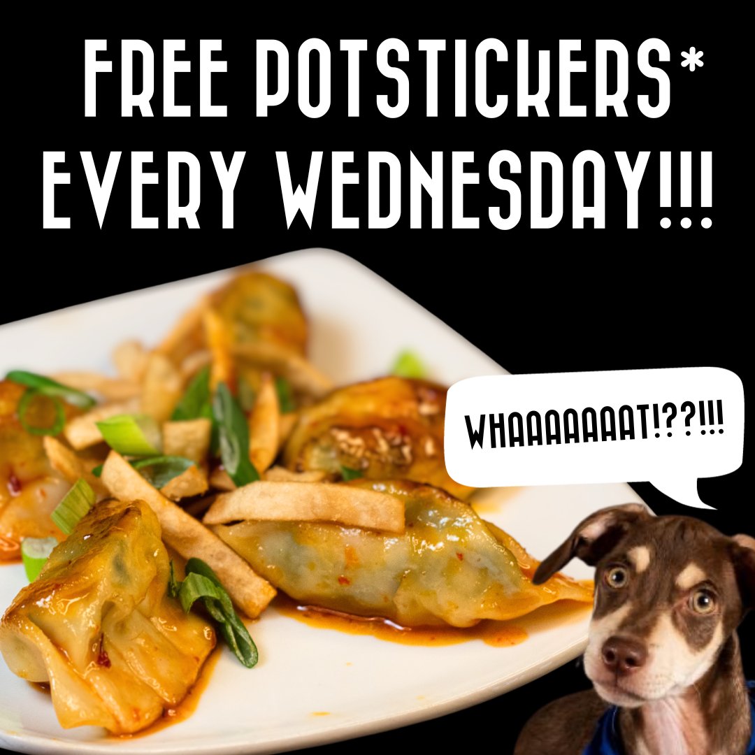 🥟✨ FREE order of potstickers* EVERY WEDNESDAY!!! Better grab some before Alfred eats them all 😘 *Must purchase two entrees, one order per visit. Cute dog is not included. #potstickers #restaurantdeals #keenenh #machina #hungry #getstuffforfree