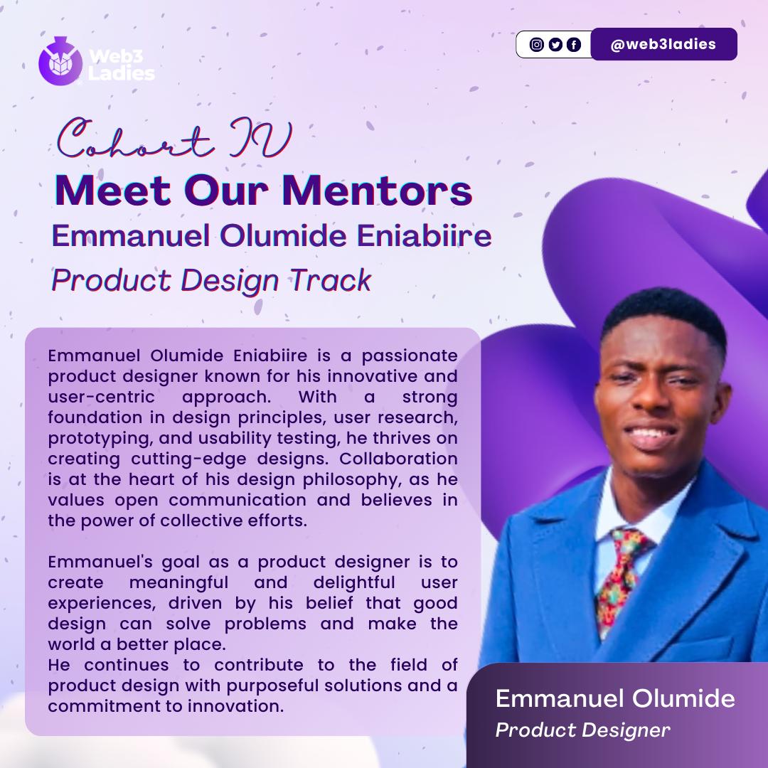 Meet the amazing Emmanuel Olumide @HemmaH01, the guiding star lighting up the way for our mentees in the Web3 Product Design Track!💫🌟

We cherish your commitment to guiding  the upcoming generation of trailblazing women in the Web3 space.🥳

We love and appreciate you…