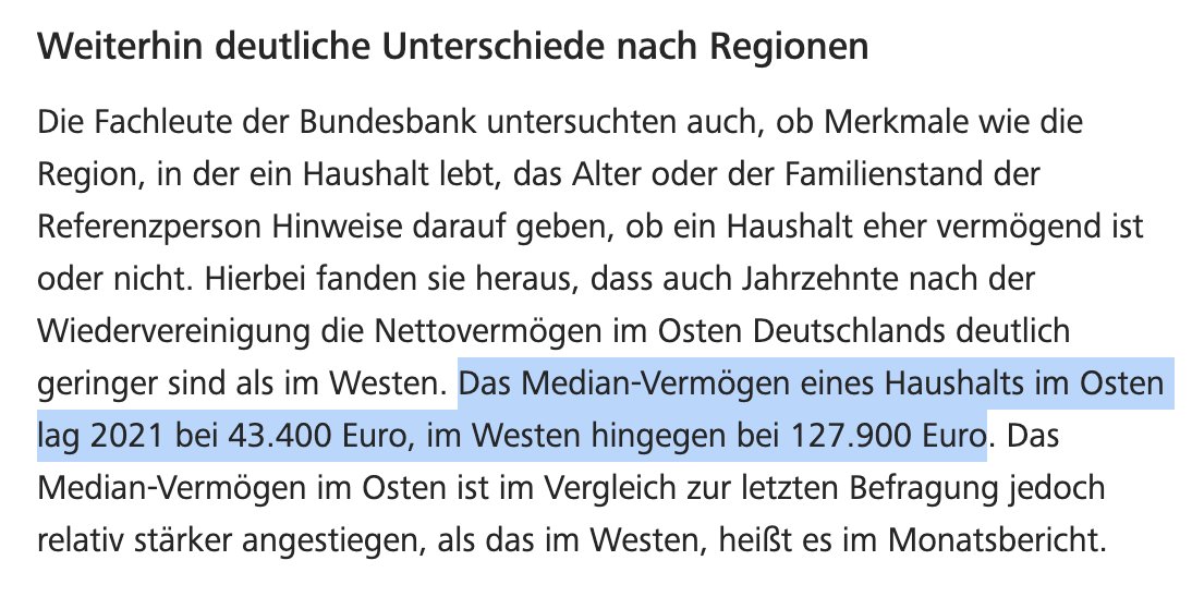 Wow, im "Jahresbericht zum Stand der Deutschen Einheit" fehlt einfach mal die Situation der Vermögensungleichheit und Erben in Ost und West.

Die Zahlen und Fakten fehlen einfach. CRAZY. Ostbeauftragter Schneider kann nicht wirklich sagen warum.

(Bundesbank dazu vor Kurzem:)