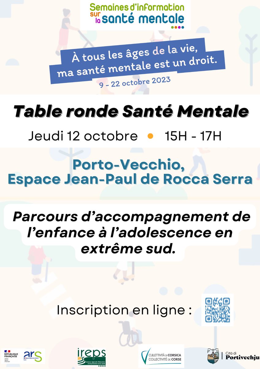 Zoom sur les #SISM à Porto Vecchio : 

ℹ Forum Santé Mentale « 𝐏𝐚𝐫𝐜𝐨𝐮𝐫𝐬 𝐝’𝐚𝐜𝐜𝐨𝐦𝐩𝐚𝐠𝐧𝐞𝐦𝐞𝐧𝐭 𝐝𝐞 𝐥’𝐞𝐧𝐟𝐚𝐧𝐜𝐞 à 𝐥’𝐚𝐝𝐨𝐥𝐞𝐬𝐜𝐞𝐧𝐜𝐞 𝐞𝐧 𝐞𝐱𝐭𝐫ê𝐦𝐞 𝐬𝐮𝐝. » à l'espace JP de Rocca Serra à partir de 15h
Inscriptions : 
forms.gle/ogFzLXKNfPZ6xr…
