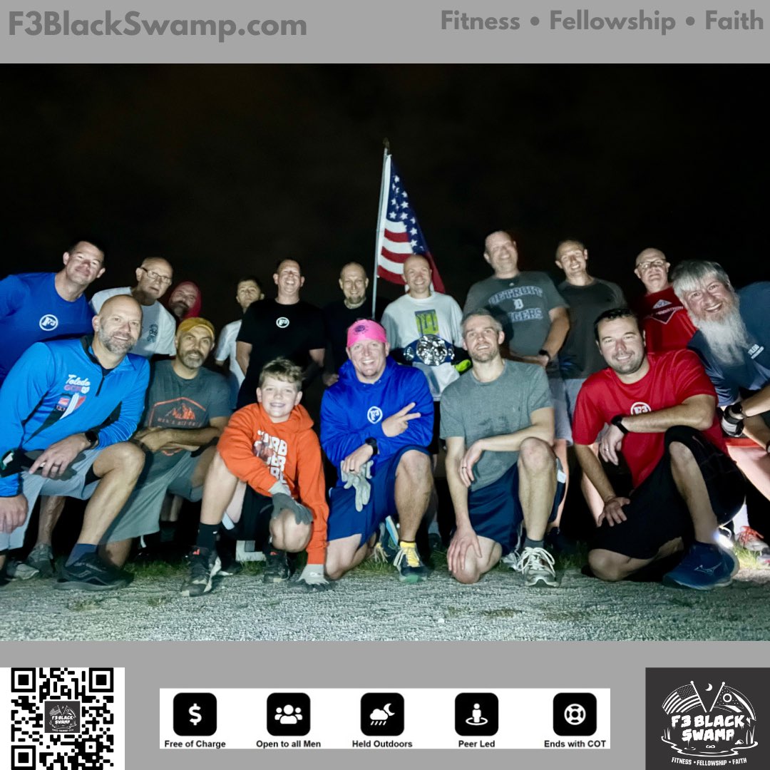 F3BlackSwamp's tweet photo. VQ’s, belated birthdays, and Freed to Lead oh my! 

The men of the Swamp got after it at 4 AO’s to focus on 1st F and another AO with a #FreedToLead study to focus on 3rd F. All got better. 

#F3 #F3BlackSwamp #IronSharpensIron #Fitness #Fellowship #Faith https://t.co/Zj3rhPiJ6V
