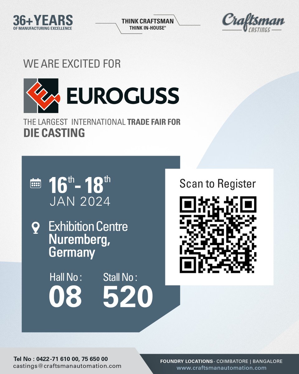 Casti1Craftsman's tweet photo. Save the Date! We're thrilled to announce our participation in #EUROGUSS 2024, the largest #Internationaltradefair for #DieCasting. Join us from Jan 16th to 18th at #ExhibitionCentre #Nuremberg,Hall No: 8, Stall No: 520
#DieCastingLeaders #CraftsmanAutomation #CraftsmanCastings https://t.co/ROq0tvtwku