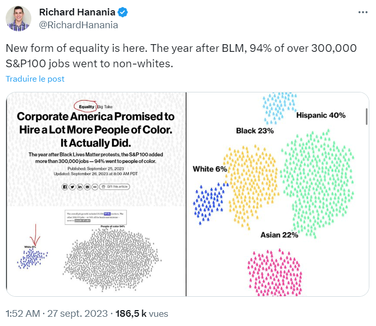 TimotheeJamin's tweet photo. Given the shocked reactions to Bloomberg article stating only 6% of new jobs in S&amp;P100 companies go to Whites (94% to Non-Whites), let's delve into some methodology and statistics. 

Are Whites truly being left jobless?
1/n

https://t.co/MXnvENdGe8 https://t.co/vsIlszyWj0