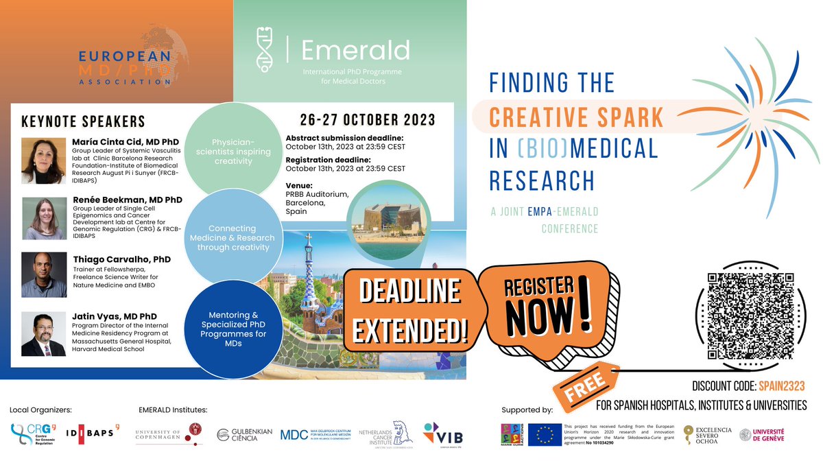 🚨Great News🚨

Deadline for the "Finding the Creative Spark in (Bio)Medical Research" conference is now extended!

📆 Oct 13
👩‍🔬 Fundamental and translational research and the role of creativity! 

 Spanish institutes, hospitals &amp; universities FREE! 

🔗tinyurl.com/2vj2ma37