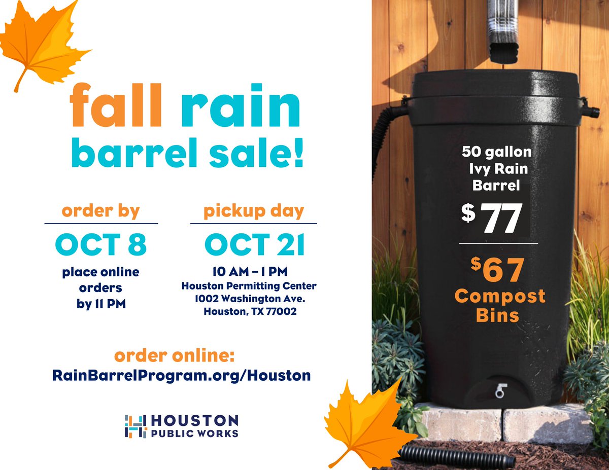 #ConserveWater and #SaveMoney! Get a discounted rain barrel for only $77 (retail price $193) at @HouPublicWorks Fall Rain Barrel Sale. Don't forget to order a compost bin for $67 too! Don't miss out; order now! RainBarrelProgram.org/Houston
#RainBarrel #FallSale #Sustainability