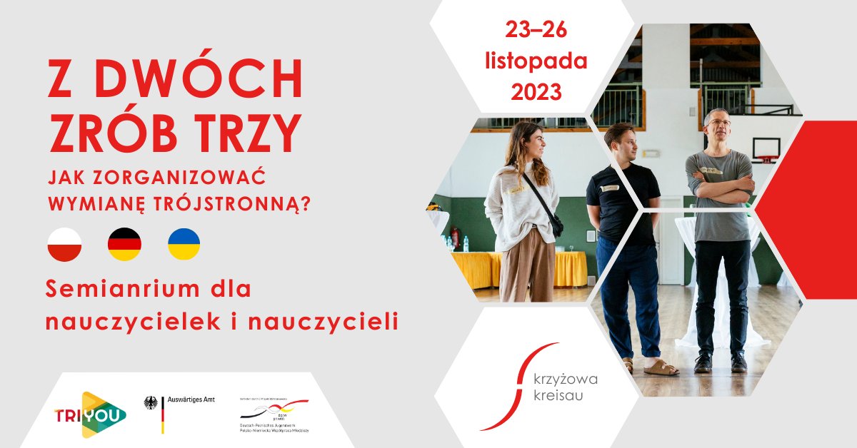 Fundacja „Krzyżowa” serdecznie zaprasza na seminarium dla nauczycieli zainteresowanych tworzeniem projektów dwu lub trójstronnej wymiany młodzieży, które odbędzie się w Krzyżowej w dniach 23-26 listopada 2023 r.
Szczegóły na: krzyzowa.pl/pl/projekty/re…
