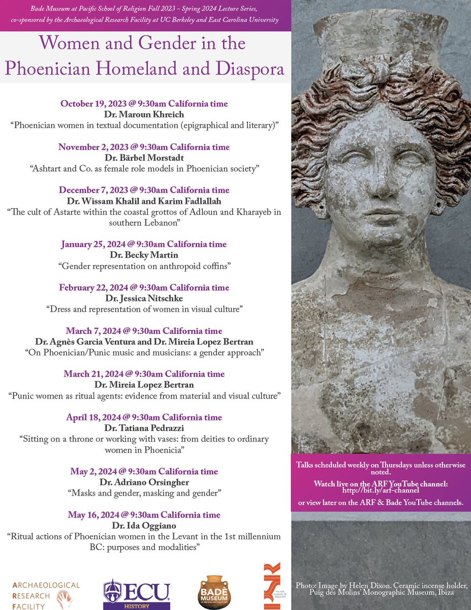 bookofbrooke's tweet photo. The #BadeMuseum (co hosts @psrberkeley + @ARF_UCB + East Carolina University) is happy to announce our 2023-2024 lecture series “Women and Gender in the Phoenician Homeland and Diaspora."
Lectures run from Oct 2023-May 2024. Watch here: https://t.co/NUCN98vVw7 https://t.co/rBpK8KEfqd
