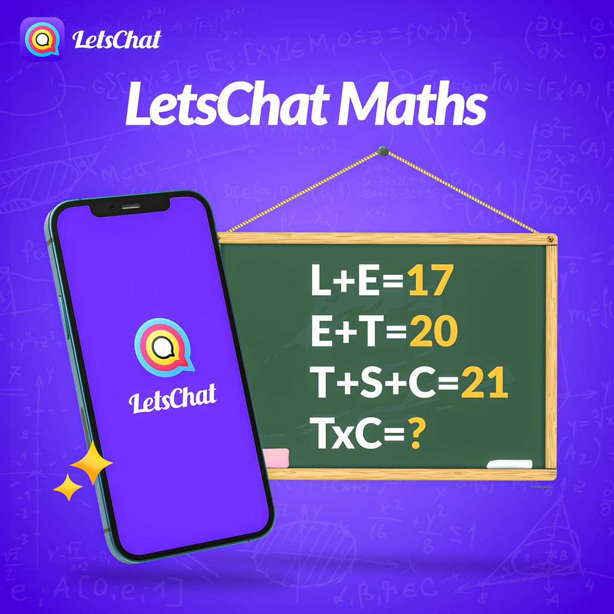 Time for some quick math! 😆 Calculate using LetsChat letters and find the sum of the last equation.🫢

#LetsChatLogo #LetsChat #Guessit #Maths #LetsChatGames  #Games 
Download LetsChat 👇
letschat.onelink.me/T7BY/Naijatwit…