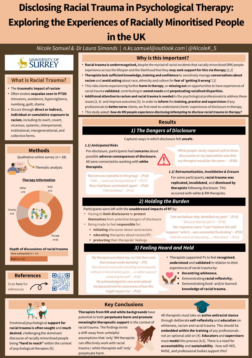 As my clinical psychology training comes to an end, I'm pleased to share a poster summary of my doctoral thesis empirical paper:

Disclosing #RacialTrauma in Psychological Therapy: Exploring the Experiences of Racially Minoritised People in the UK
1/