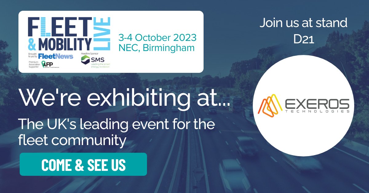 We're thrilled to announce our participation in #FleetAndMobilityLive NEXT WEEK! 📷

📷 Find us on Stand D21 where the Exeros sales team will be waiting to chat and share some event excitement with you!📷
fleetandmobilitylive.com