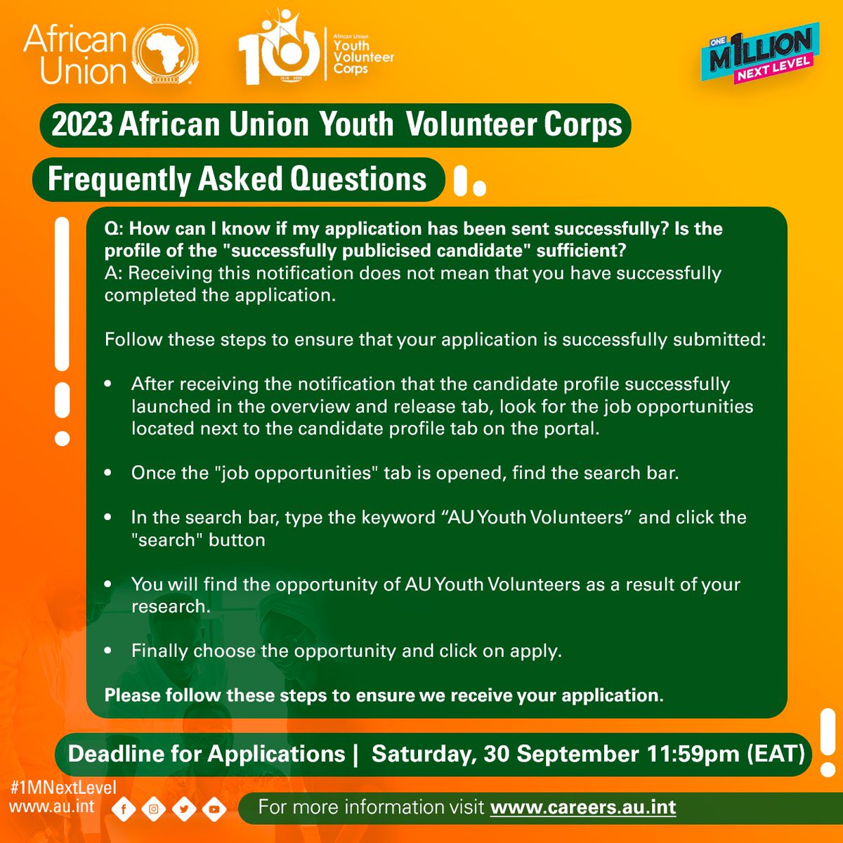 Did you hear that the African Union Youth Volunteer Corps (AU-YVC) application deadline was extended to September 30, 2023, 11:59pm EAT? 
If you have questions about the application process, check out the FAQs for some helpful information!

#1mNextLevel #GotWhatItTakes