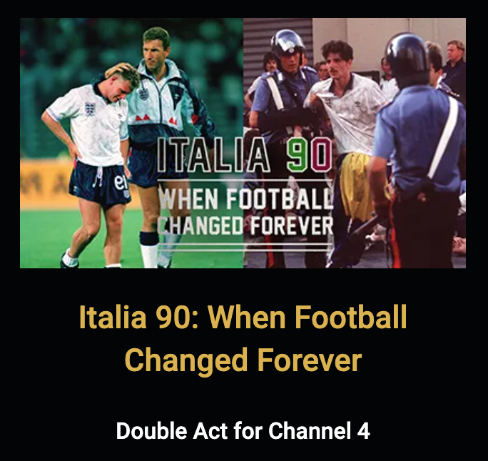 Thanks to the wonderful team that helped us produce Italia 90: When Football Changed for Ever for <a href="/Channel4/">Channel 4</a> .  We’ve been nominated for a Broadcast Sports Award for Best Sports Documentary Series! <a href="/broadcast_sport/">Broadcast Sport</a> 

<a href="/PaulGazza_8/">Paul Gascoigne</a>  <a href="/officialbarnesy/">John Barnes</a> <a href="/realpaulparker2/">Paul Parker</a> <a href="/Peter_Shilton/">Peter Shilton</a>