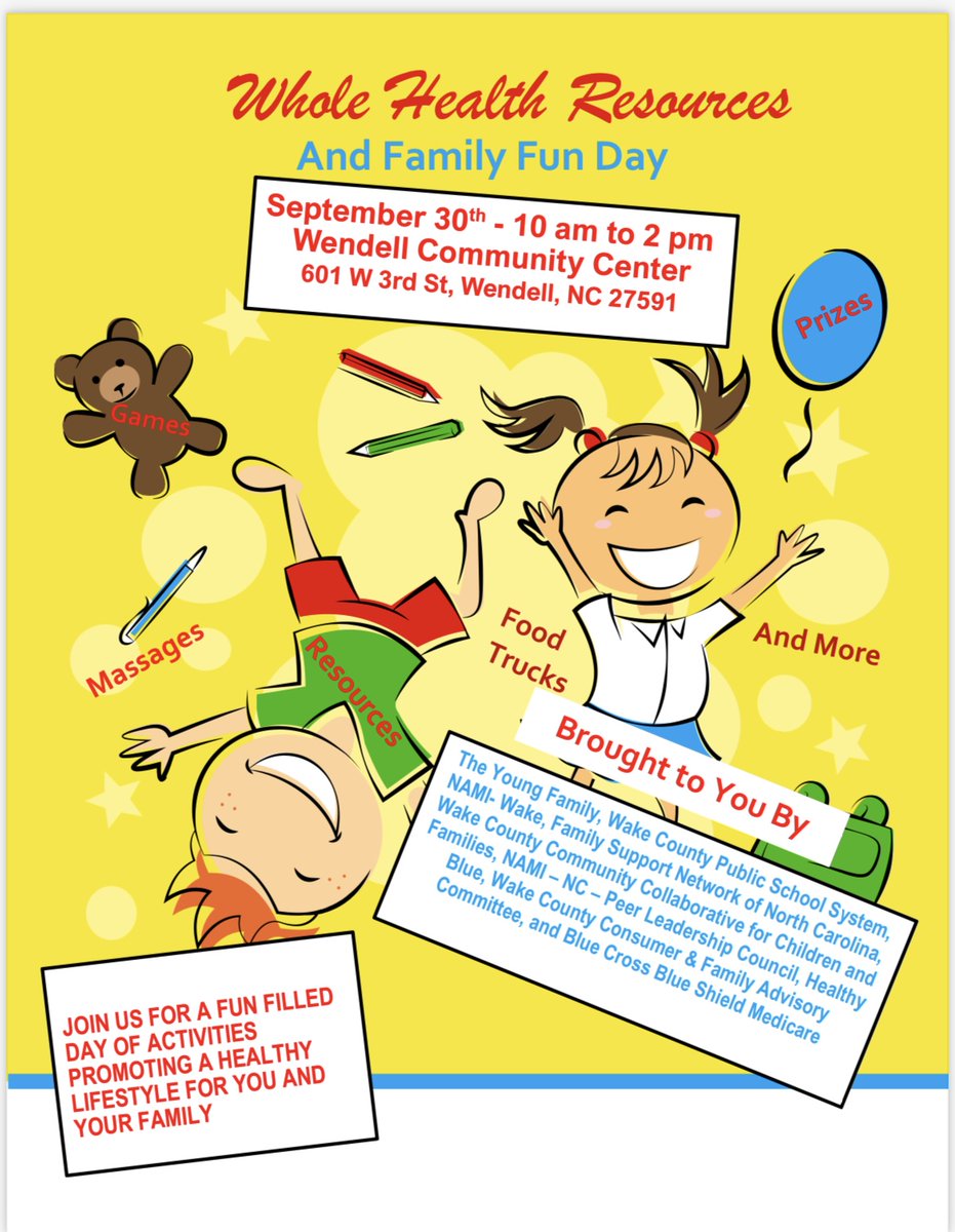 NcAmplified's tweet photo. Join us this Saturday, September 30th at Wendell Community Center for Whole Health Resources Family Fun Day! We hope to see you there! https://t.co/od5Q1rWmsS