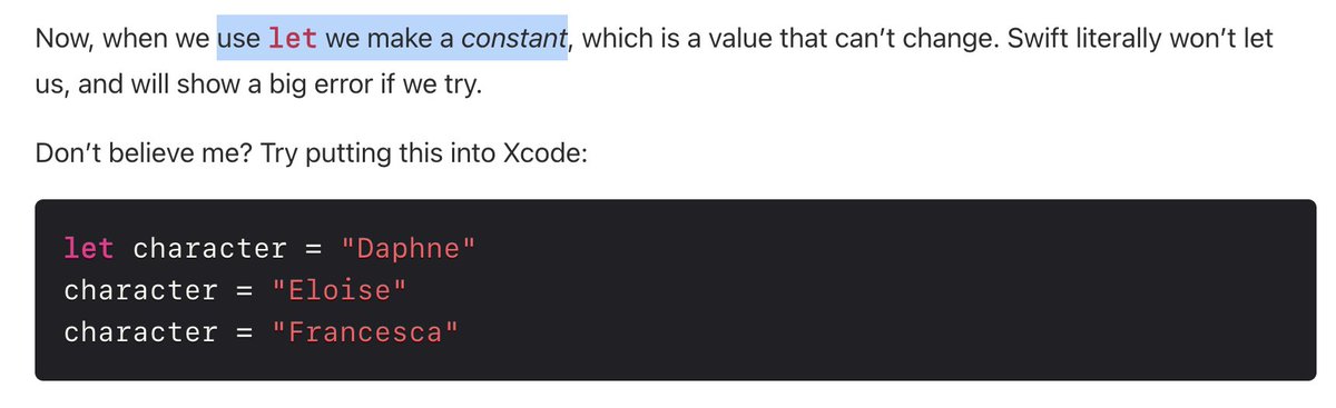 var vs let in Swift...

So let in Swift is what const is in Javascript...

Better remind that one 😅

🎉 I just finished Day 1 of the #100DaysOfSwiftUI at hackingwithswift.com/100/swiftui/1 via <a href="/twostraws/">Paul Hudson</a> tt