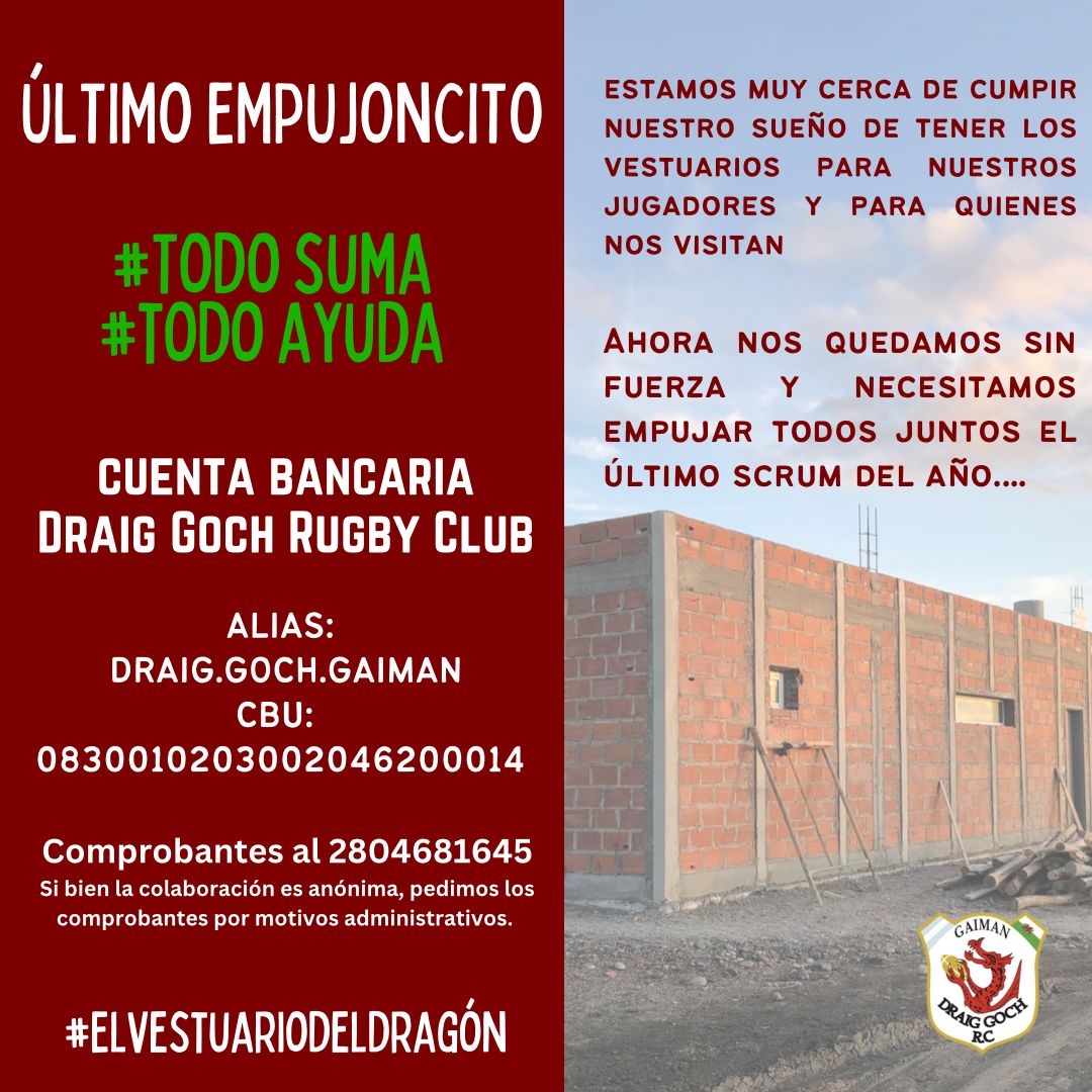 Estamos cerquita de terminar los vestuarios que iniciamos gracias a los fondos dados por el Banco Del Chubut. Pero ya no tenemos más. Y queremos finalizarlos. Entre todos algo vamos a juntar. Danos una mano. 
#ElVestuarioDelDragon