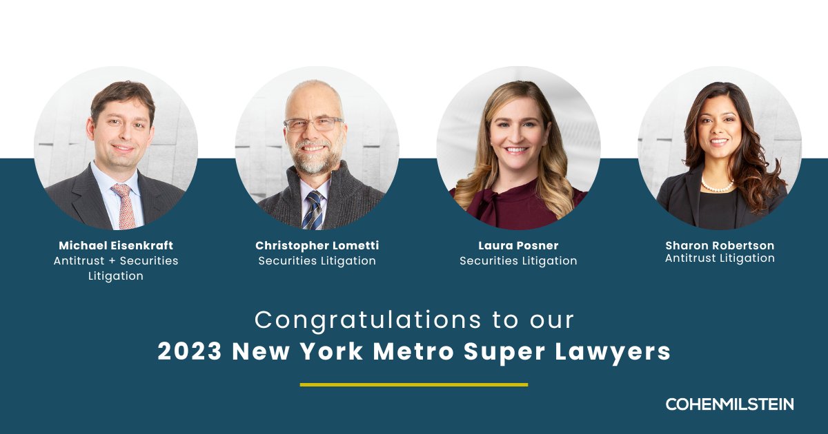 Cohen Milstein (@cohenmilstein) on Twitter photo Congratulations Michael Eisenkraft , Christopher Lometti, Laura Posner, and Sharon Robertson on being named New York Metro Super Lawyers!
#antitrust #securities #classaction #investorprotection #economicjustice
bit.ly/46s9Gck Congratulations Michael Eisenkraft , Christopher Lometti, Laura Posner, and Sharon Robertson on being named New York Metro Super Lawyers!
#antitrust #securities #classaction #investorprotection #economicjustice
bit.ly/46s9Gck