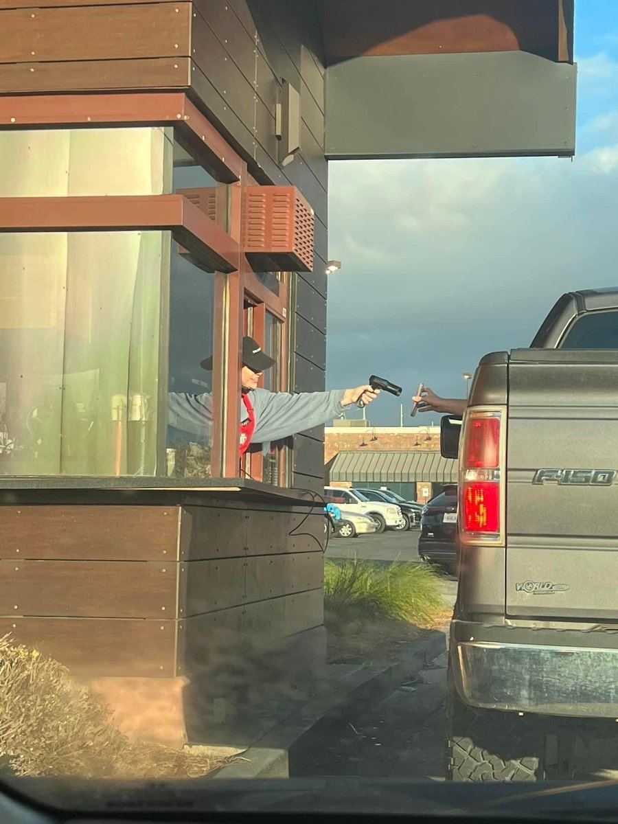 TimbitNews's tweet image. Uh oh, it seems like she's not interested in scanning the barcode. 

Instead, she's aiming the machine at him like she's ready to open fire! 😱 Tim Hortons Ontario #wednesdaythought