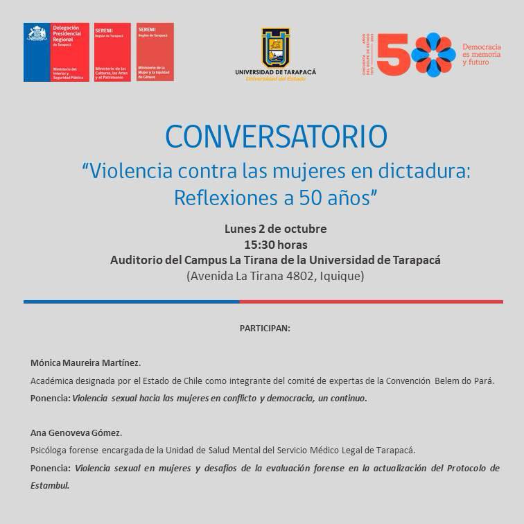 DPRTarapaca's tweet image. A #50AñosDelGolpe de Estado y en el marco de la Política Regional Contra el Crimen Organizado, se realizará el conversatorio “Violencia contra las mujeres en dictadura: Reflexiones a 50 años” en #Iquique. 

📆 2 de octubre / 15.30 hrs.
📍Universidad de Tarapacá (Campus La Tirana)