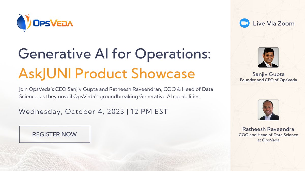 The countdown begins! Less than 🔟 days until OpsVeda, Inc. unveils our new #GenerativeAI capabilities. Learn how artificial intelligence can change the future of #operations and #supplychain. Register now for the AskJUNI Product Showcase: hubs.ly/Q023xDTX0