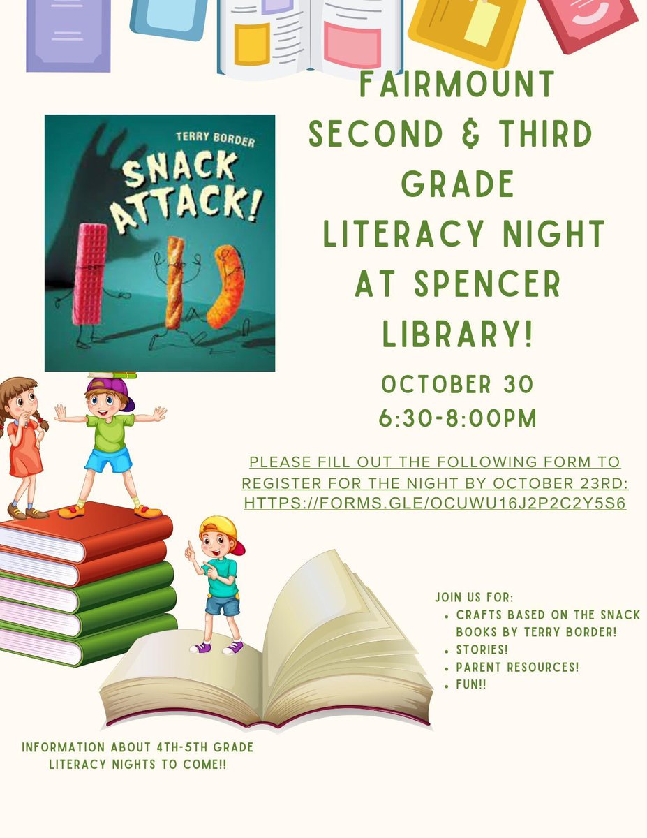 We are gearing up for our next Literacy Night for second and third graders on October 30th at the Spencer Library. Click on the link below to RSVP. docs.google.com/forms/d/e/1FAI…