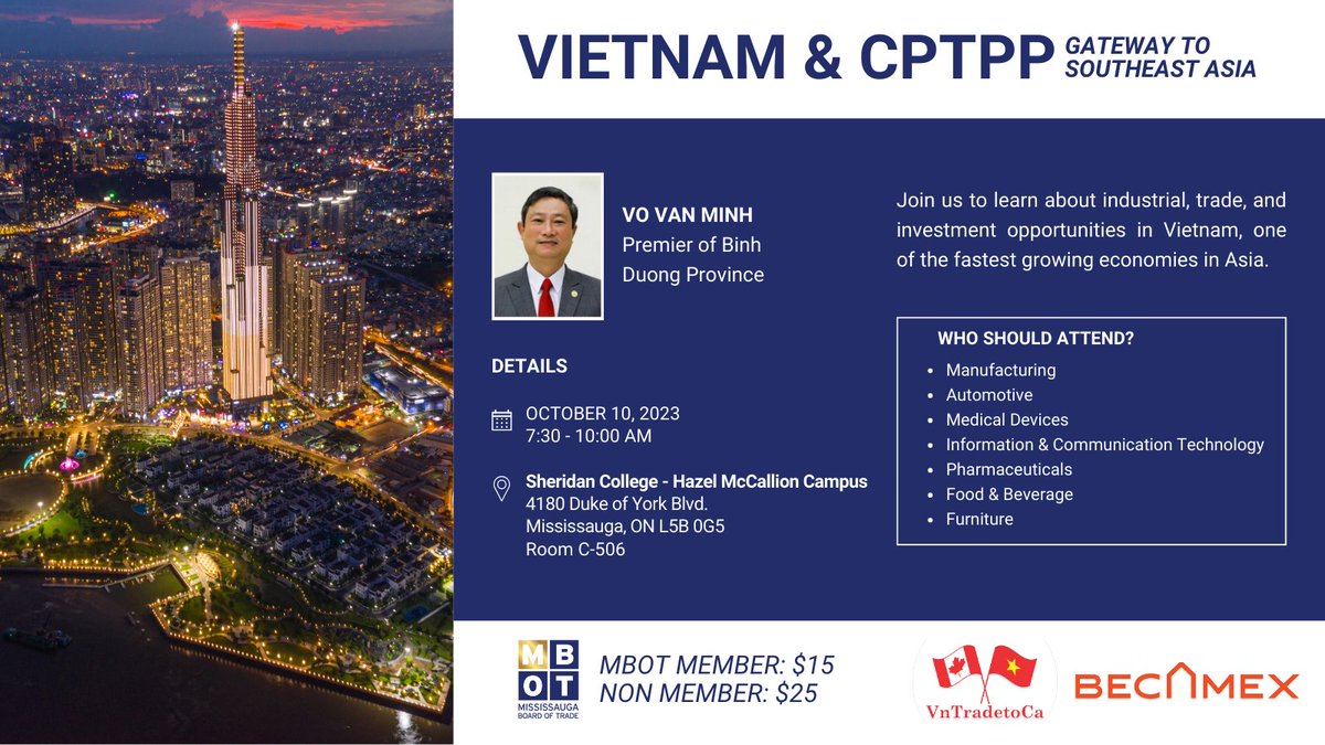 MBOTOntario's tweet photo. MBOT Is hosting our next international trade event, Vietnam &amp; CPTPP: Gateway to Southeast Asia! Join us to learn about industrial, trade, and investment opportunities in Vietnam, one of the fastest-growing economies in Asia.

Registration is now open: https://t.co/CRZAW4g0JE https://t.co/aC0LEptwYe