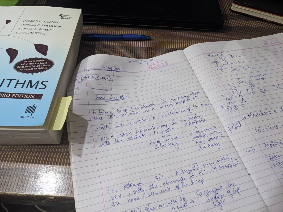 mahimaishere's tweet photo. Restarted CLRS
Learnt theory about heaps today and about algorithm Max-heapify which runs in O(logn) time and is the key to maintaining the max-heap property A[Parent(i)] > A[i] where A refers to the array and i refers to any node other than root

#dsa #Algorithms

@WomenAlgoCrew https://t.co/4d1rq5fBeq