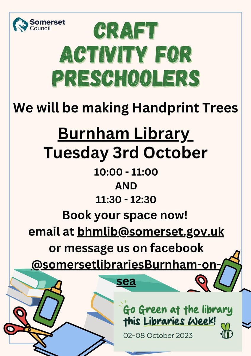 nathyc1972's tweet image. 📣ONE FOR THE PRE-SCHOOLERS📣

Join #BurnhamLibrary @SomersetLib for a fun craft activity to celebrate #LibrariesWeek. The theme is &quot;Go green at the library&quot; so we will be making handprint trees!

Tuesday 3rd October 10:00 AND 11:30

Book your space now! Details on the poster.