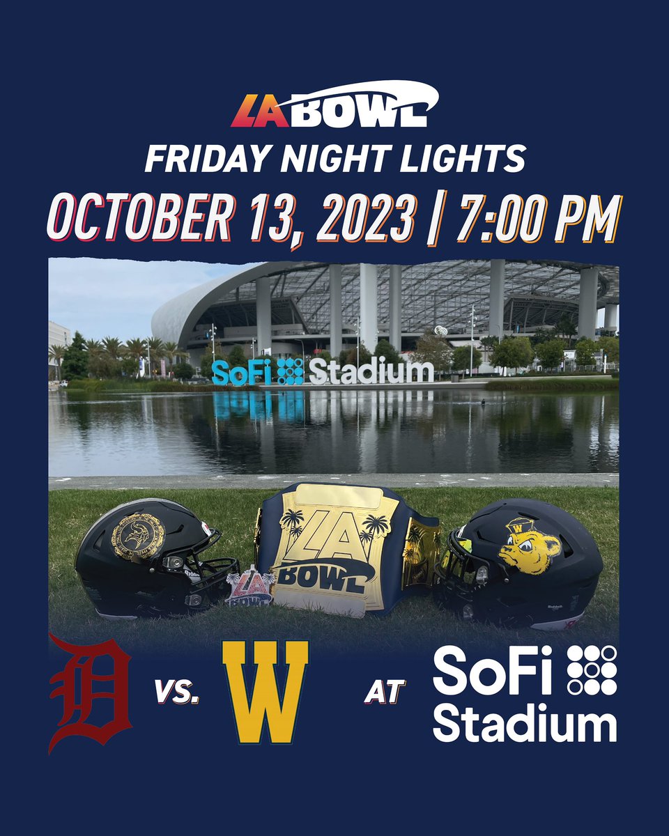 Friday Night Lights 🤩🏟️ The LA Bowl is set to host the first ever high school football game at @SoFiStadium between Downey High School and Warren High School on Friday, October 13th! 🎟️ Tickets on sale tomorrow at 10AM at Ticketmaster.com @DowneyUnified | #LABowl