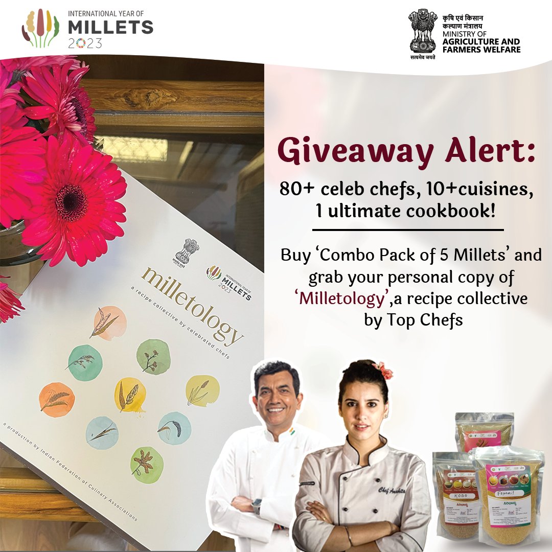 International Year Of Millets 2023 (@iym2023) on Twitter photo #GiveawayAlert: Win 'Milletology' cookbook with recipes from 80+ celeb chefs like <a href="/SanjeevKapoor/">Sanjeev Kapoor</a>, Anahita Dhondy & more. To participate:
1. Order Combo Pack of 5 Millets from #FPO farmers at <a href="/ONDC_Official/">ONDC India</a>: mystore.in/en/product/com…
2. Comment your favourite Millet & tag 5 friends #GiveawayAlert: Win 'Milletology' cookbook with recipes from 80+ celeb chefs like <a href="/SanjeevKapoor/">Sanjeev Kapoor</a>, Anahita Dhondy & more. To participate:
1. Order Combo Pack of 5 Millets from #FPO farmers at <a href="/ONDC_Official/">ONDC India</a>: mystore.in/en/product/com…
2. Comment your favourite Millet & tag 5 friends