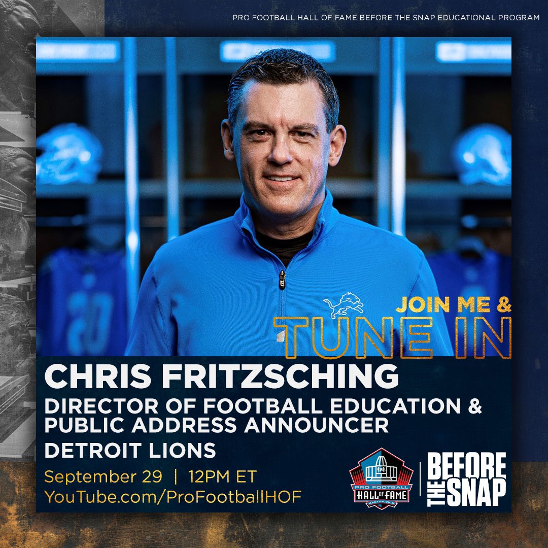 CFritzsching's tweet photo. Catch me as part of the @ProFootballHOF #BeforeTheSnap program on 9/29 at 12:00pm ET on the HOF’s YouTube Page as I discuss my career in and around sports! #CareersInTheNFL #HOFvalues https://t.co/iBNVADliQw