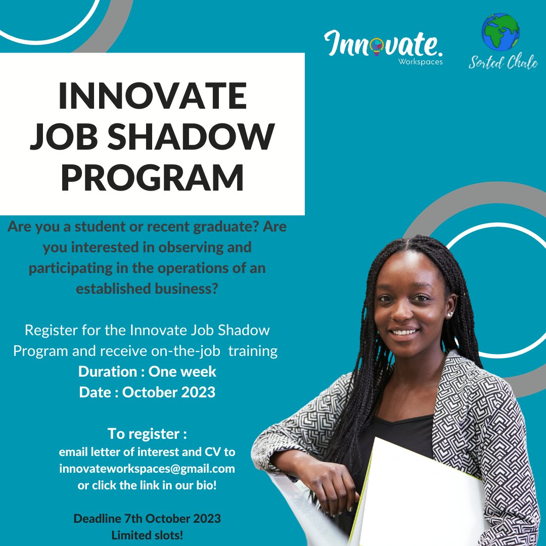 InnovateSpaces's tweet photo. Job Shadowing with Innovate Workspaces 
Get the opportunity to shadow with @sortedchale 
Debt Solutions Ltd, Side Micro Credit Firm among others! 
Register here! https://t.co/nKgiPPUkhc

#coworking #accra #ghana #accraghana #jobghana #jobaccra https://t.co/Yg1NUw0CUa
