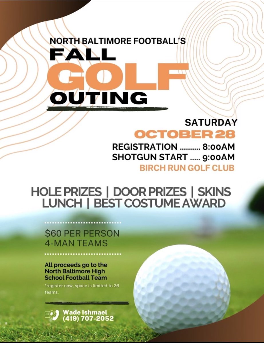 NBTigersFB's tweet photo. Mark your calendars!! Come out and test your Golf skills. Wear your best golf outfit and help support the Tiger football program! https://t.co/0dg6Rca0M1