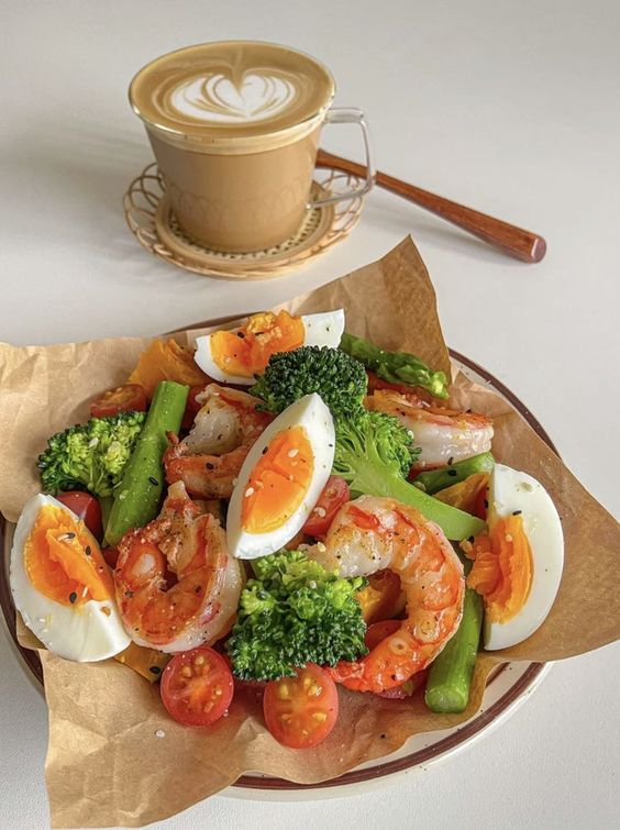 Shrimp poached egg and broccoli salad!