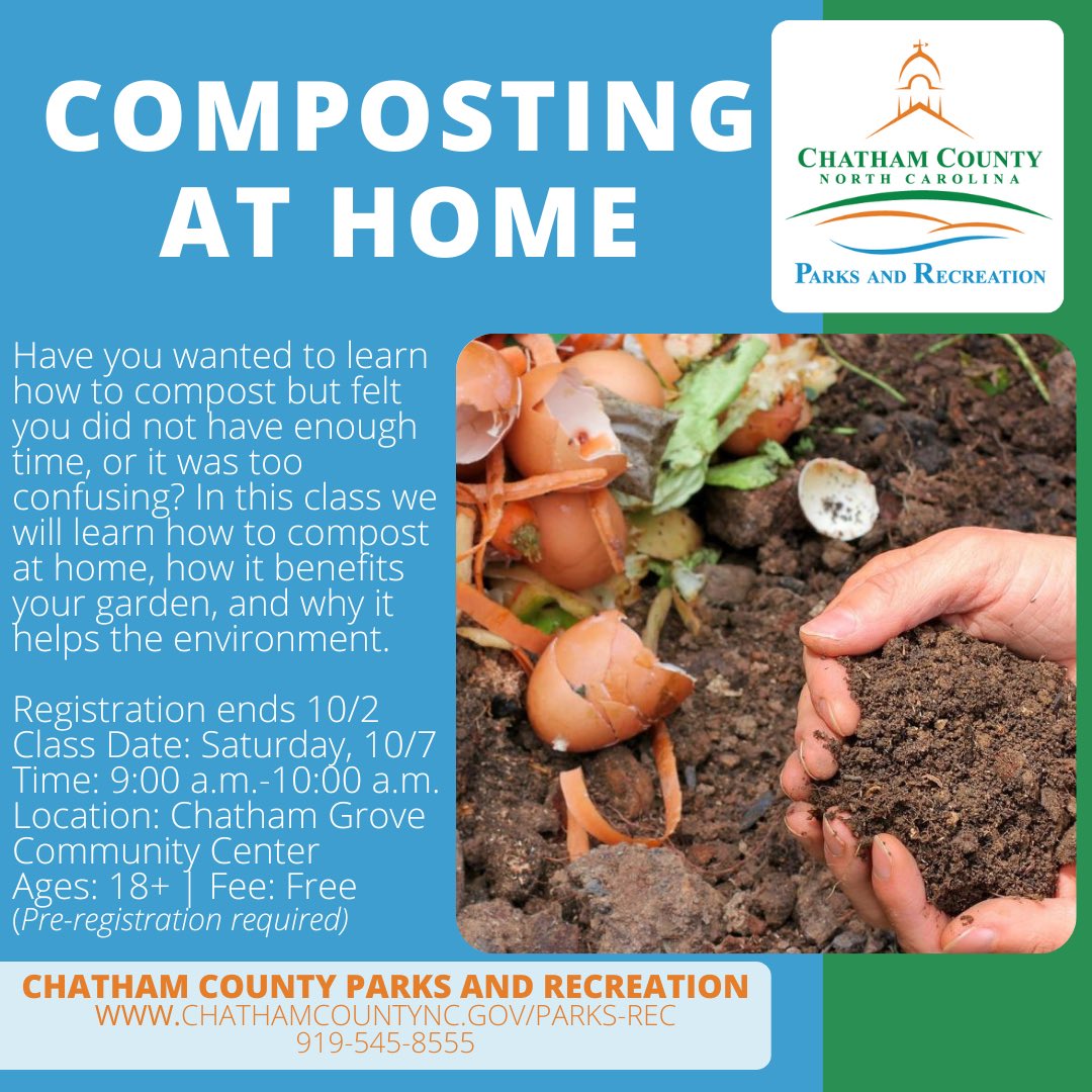 ChatCoParksRec's tweet photo. Have you wanted to learn how to compost but felt you did not have enough time, or it was too confusing? In this class we will explore how to compost at home, how it benefits your garden, and why it helps the environment. Register today at https://t.co/0jOkloVJ0N https://t.co/E1oNXzoZgR
