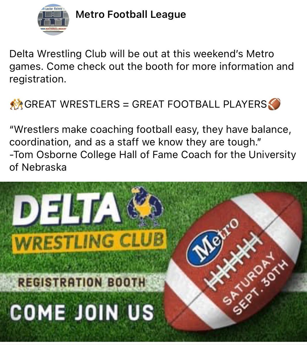 Come check us out this weekend and get information for this upcoming season! 

🤼‍♂️ + 🏈 = 🏆