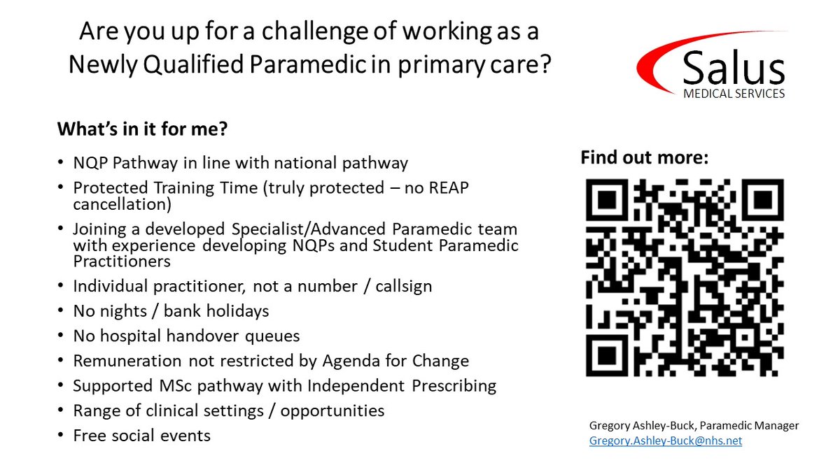 Have you considered an alternative career path as a Newly Qualified Paramedic? Have you considered primary care and joining an established PP Team with experience of NQP development? beta.jobs.nhs.uk/candidate/joba… #NotAllParamedicsWearGreen #NotAllNQPsWearGreen #NewlyQualifiedParamedic