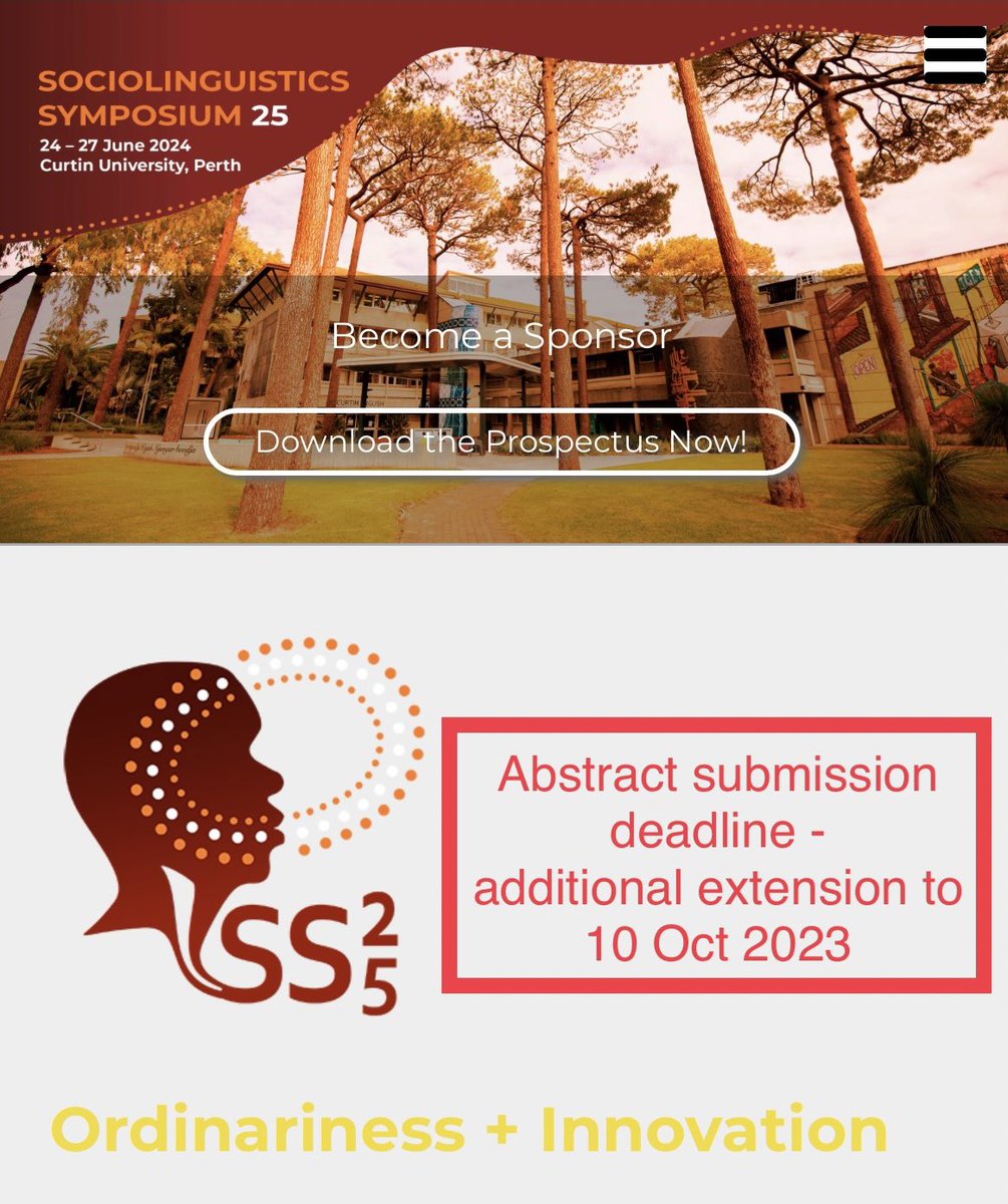 Still mulling over yr abstract for #SS25? Make it 10/10! 😉 W/ continuing requests, abstract deadline is further extended to 10 Oct 2023. Hesitate no more: come to Sociolinguistics Symposium 25 <a href="/SS25Perth/">Sociolinguistics Symposium 25</a> <a href="/CurtinUni/">Curtin University</a> 👉🏼 ss25.com.au <a href="/SDovchin/">Sender Dovchin (she/her)</a> <a href="/AnaTankosic/">Ana Tankosic</a> <a href="/Eldin_Milak/">Eldin Milak</a>