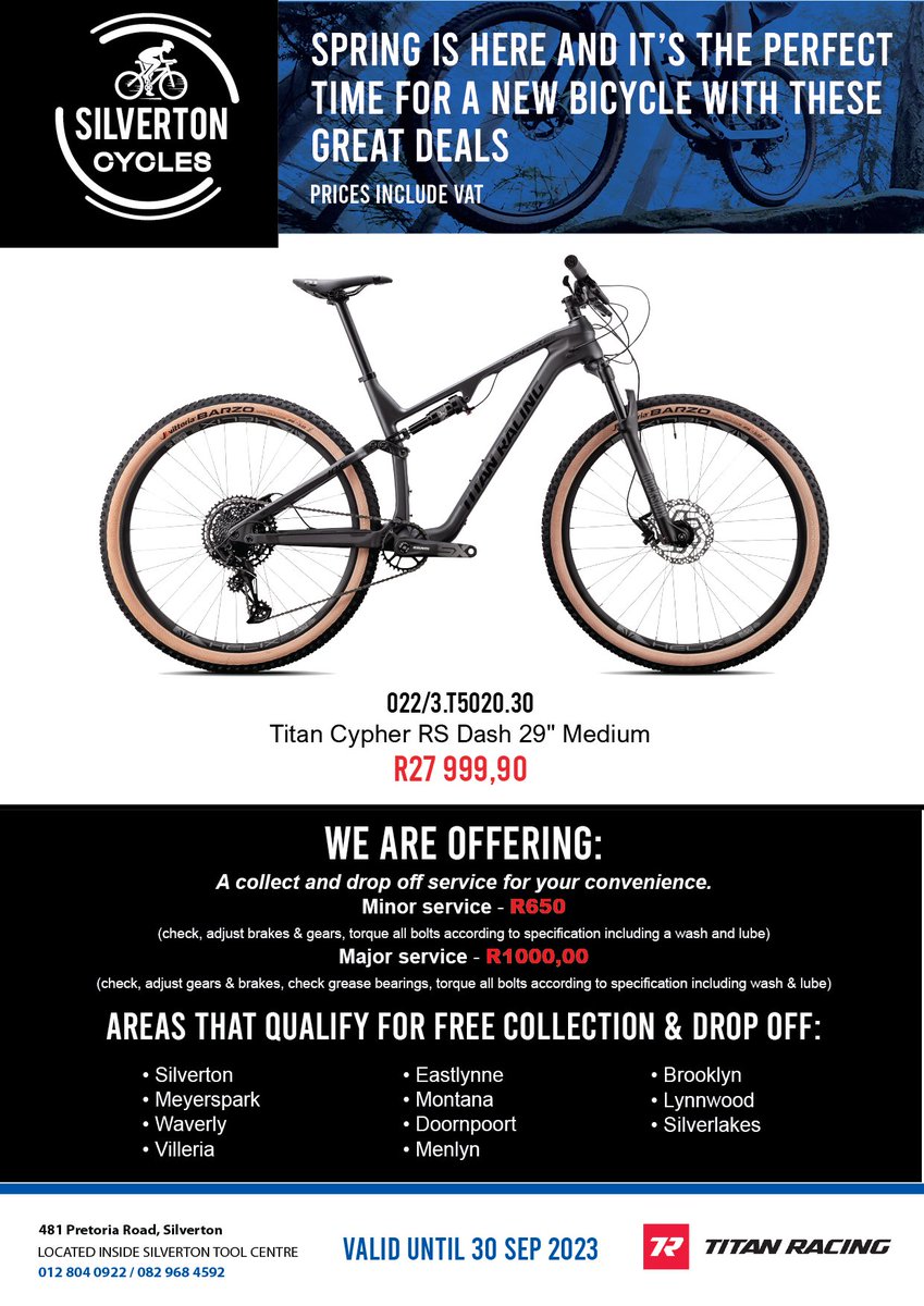 Cosmo Group (@cosmoindustrial) on Twitter photo Don't miss out on these deals from Silverton Cycles, valid till Saturday (30 September 2023).  Buy them online now: silvertoncycles.co.za.
#spring #bicycle #mtb #titan #merida Don't miss out on these deals from Silverton Cycles, valid till Saturday (30 September 2023).  Buy them online now: silvertoncycles.co.za.
#spring #bicycle #mtb #titan #merida