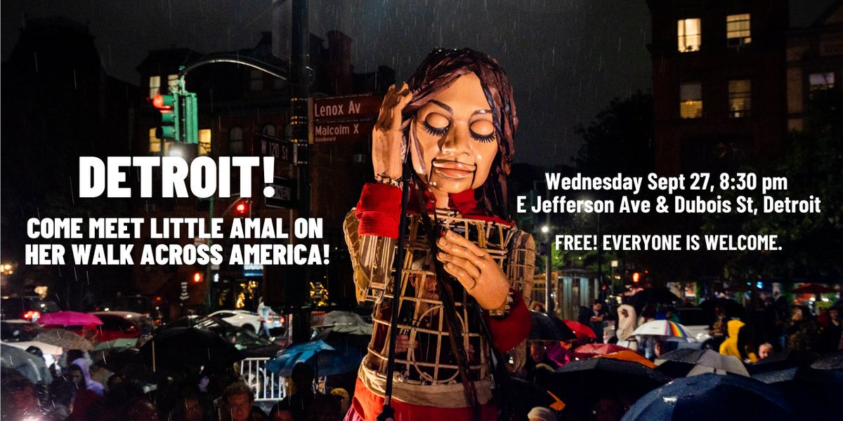 The Aretha (@thearethalive) on Twitter photo We are excited to announce, tonight, Wednesday, September 27 at 8:30pm <a href="/walkwithamal/">Little Amal (The Walk)</a> brings her journey to The Aretha. This event is free and open to the public. We hope you’ll join Amal on her walk through downtown Detroit.
Learn more: walkwithamal.org We are excited to announce, tonight, Wednesday, September 27 at 8:30pm <a href="/walkwithamal/">Little Amal (The Walk)</a> brings her journey to The Aretha. This event is free and open to the public. We hope you’ll join Amal on her walk through downtown Detroit.
Learn more: walkwithamal.org