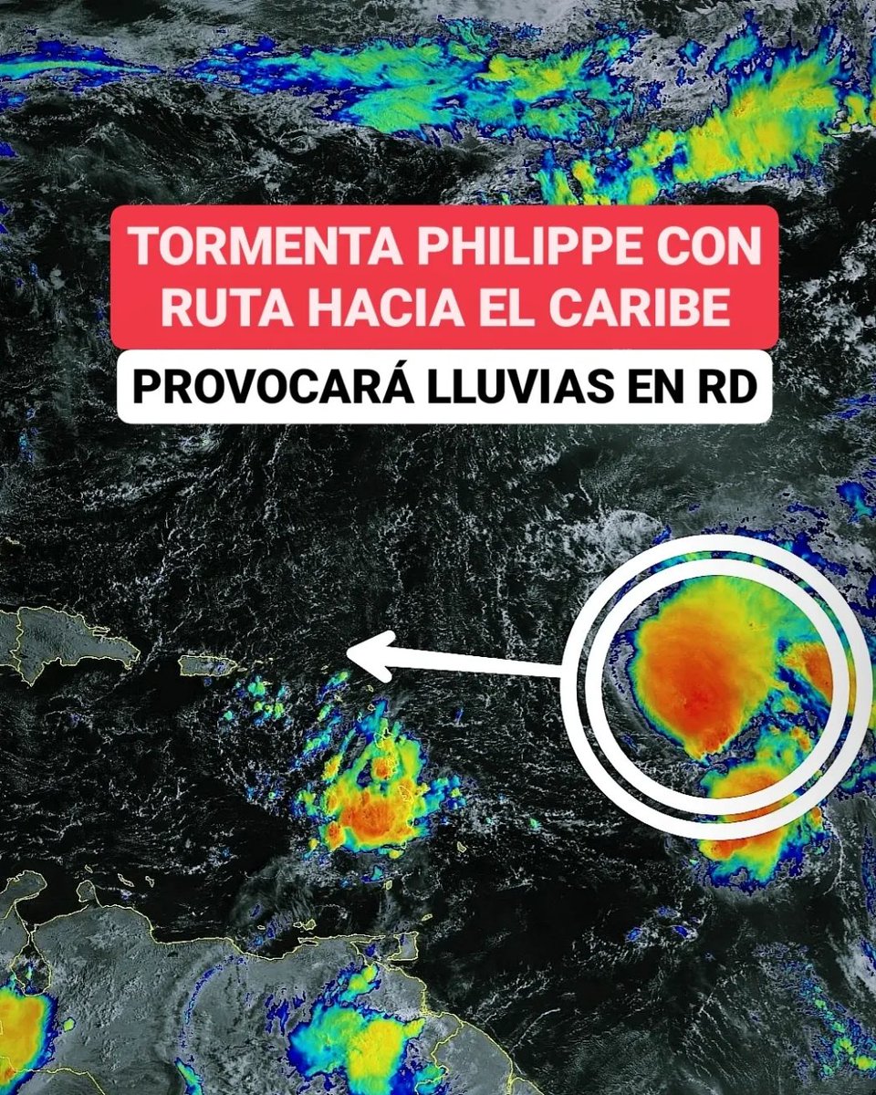 JeanSuriel's tweet photo. 🔴TOMEN NOTA🔴
La más reciente trayectoria de la Tormenta Tropical Philippe apunta hacia República Dominicana y Puerto Rico: el Centro Nacional de Huracanes de Miami está presentando un acercamiento a la región del Caribe durante el fin de semana.

🔴El sistema meteorológico se ha movido en la últimas 48 horas hacia el oeste franco, manteniendo una ruta hacia el norte de las Antillas Menores, donde se acercará el sábado en la mañana.

🔴De acuerdo a los modelos de pronóstico, Philippe perderá fuerzas antes de llegar a nuestra zona de pronóstico y es muy probable que sea una depresión cuando se aproxime al norte de Puerto Rico el domingo.

🔴Debido a los vientos cortantes y si su cercanía a tierra, el fenómeno seguirá debilitándose hasta degenerar en una baja presión al noreste de República Dominicana.

⚠️Vamos a vigilar atentamente su evolución y trayectoria porque los modelos están anticipando la producción de fuertes precipitaciones asociadas a Philippe  en RD desde el domingo en la tarde.

⚠️Sus efectos podrían permanecer durante 4 o 5 días en el territorio dominicano, por lo que prevemos desde ya inundaciones en diferentes zonas del país, especialmente en el norte, noreste y sureste la próxima semana.

☑️ https://t.co/WlQFg167bk 
➡️ @AgendaClimatica 
▶️ https://t.co/OBEFwksFsW